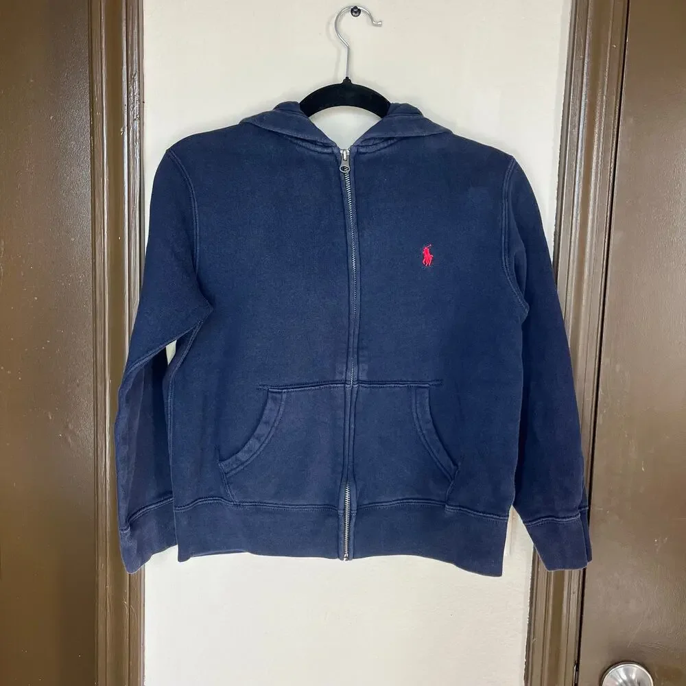 Polo Ralph Lauren Blue Zip Up Hoodie Boys M Youth Preppy Y2K Loungewear Classic